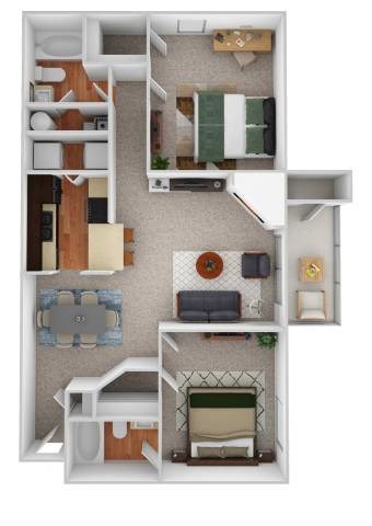 Floor plan for 2 beds, 2 baths, 1078 sqft
