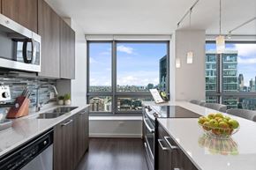 Chicago apartment for rent - A modern kitchen with a view of the city.