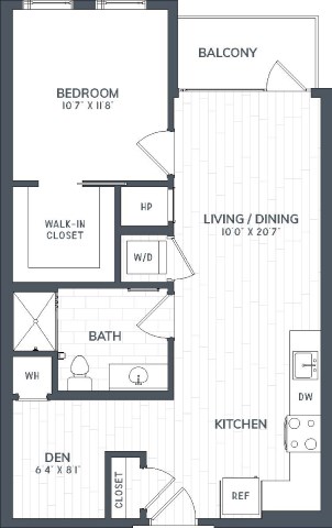 Floor plan for 1 bed, 1 bath, 754 sqft