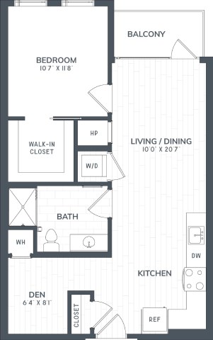 Floor plan for 1 bed, 1 bath, 730 sqft