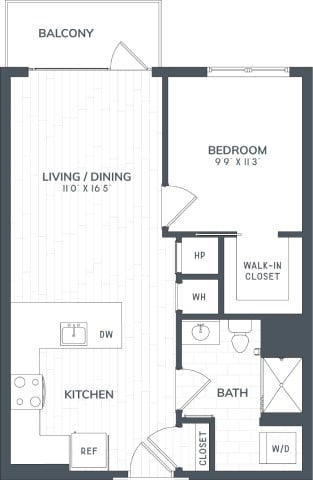 Floor plan for 1 bed, 1 bath, 660 sqft