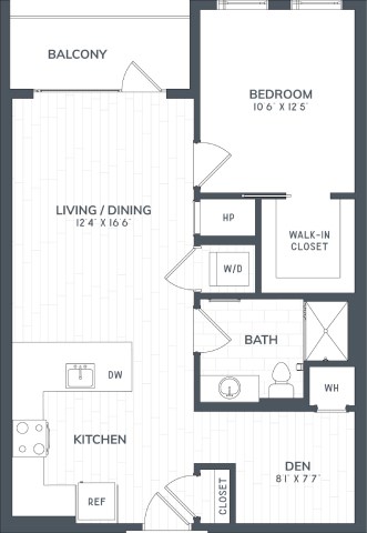Floor plan for 1 bed, 1 bath, 790 sqft