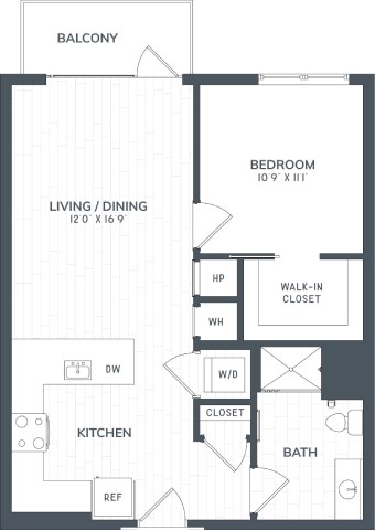 Floor plan for 1 bed, 1 bath, 720 sqft