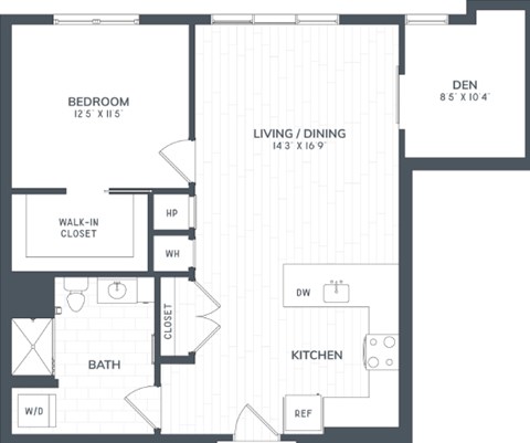 Floor plan for 1 bed, 1 bath, 802 sqft