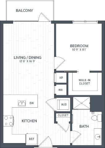 Floor plan for 1 bed, 1 bath, 768 sqft