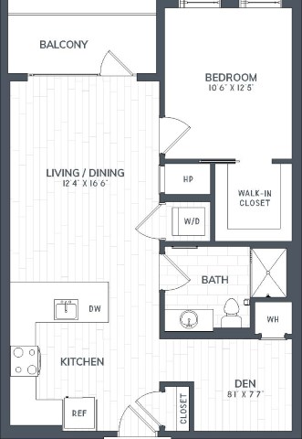 Floor plan for 1 bed, 1 bath, 790 sqft