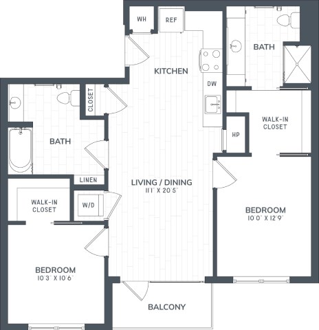 Floor plan for 2 beds, 2 baths, 996 sqft