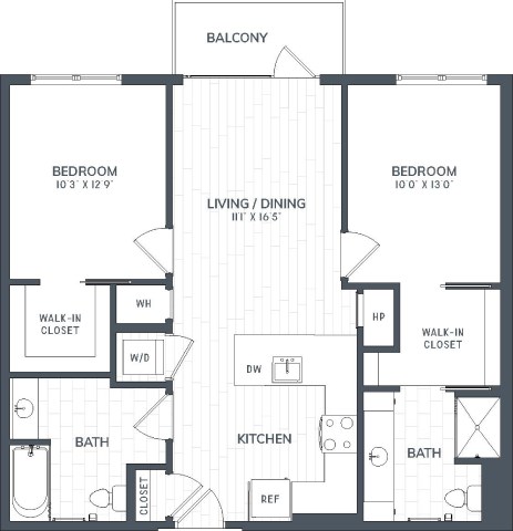 Floor plan for 2 beds, 2 baths, 1020 sqft
