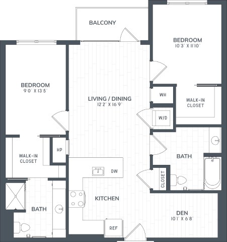 Floor plan for 2 beds, 2 baths, 1060 sqft