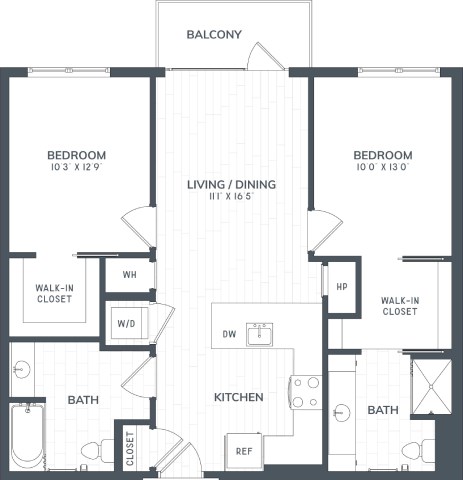 Floor plan for 2 beds, 2 baths, 990 sqft