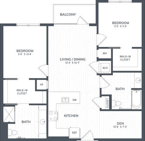 Floor plan for 2 beds, 2 baths, 1150 sqft