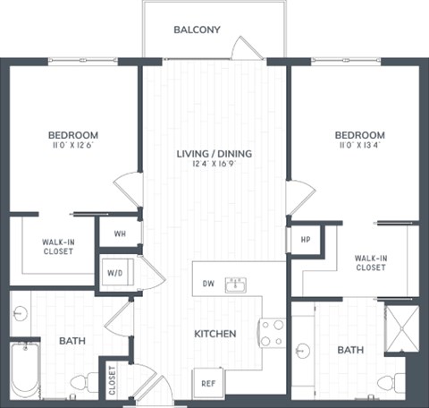 Floor plan for 2 beds, 2 baths, 1080 sqft