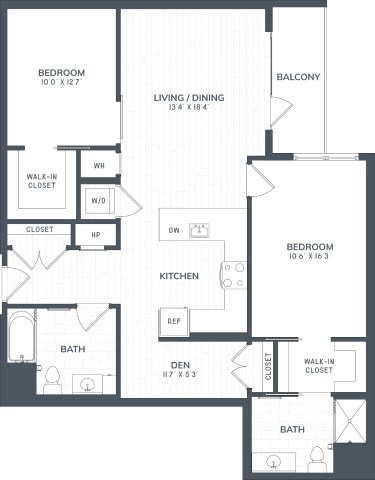 Floor plan for 2 beds, 2 baths, 1252 sqft