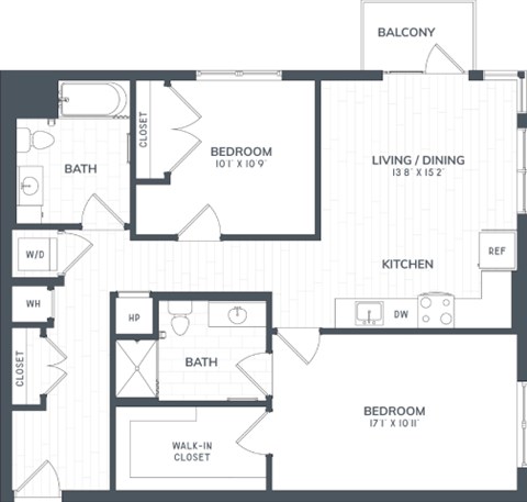 Floor plan for 2 beds, 2 baths, 1095 sqft