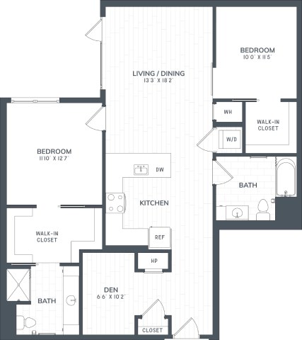 Floor plan for 2 beds, 2 baths, 1265 sqft