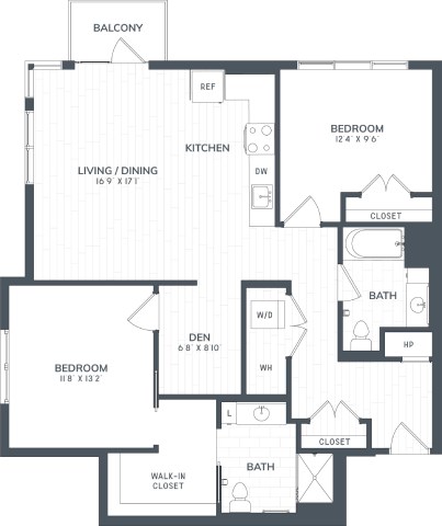 Floor plan for 2 beds, 2 baths, 1210 sqft
