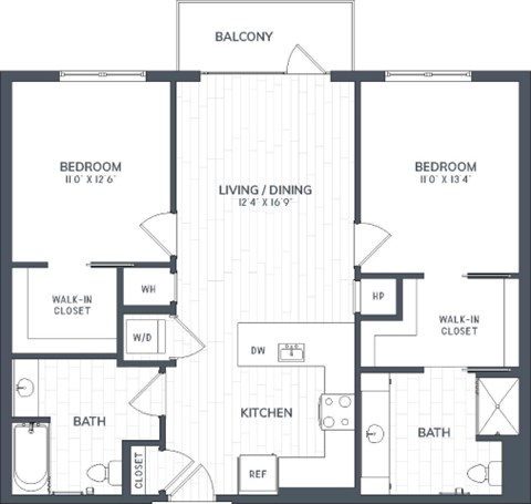 Floor plan for 2 beds, 2 baths, 1080 sqft