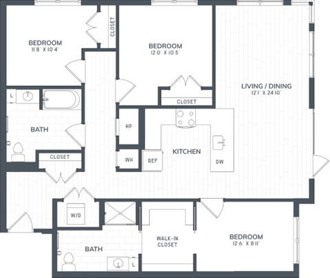 Floor plan for 3 beds, 2 baths, 1358 sqft