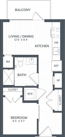 Floor plan for 1 bed, 1 bath, 480 sqft
