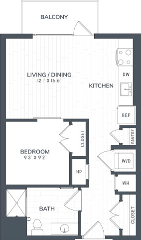 Floor plan for 1 bed, 1 bath, 600 sqft