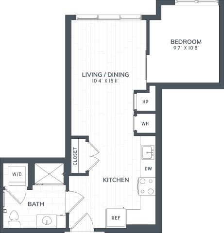 Floor plan for 1 bed, 1 bath, 550 sqft