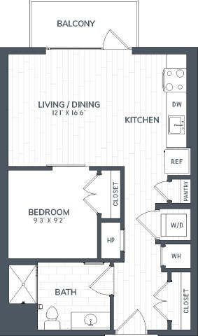 Floor plan for 1 bed, 1 bath, 600 sqft