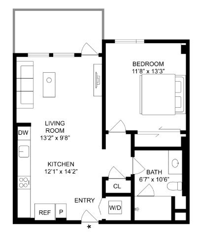 Floor plan for 1 bed, 1 bath, 620 sqft
