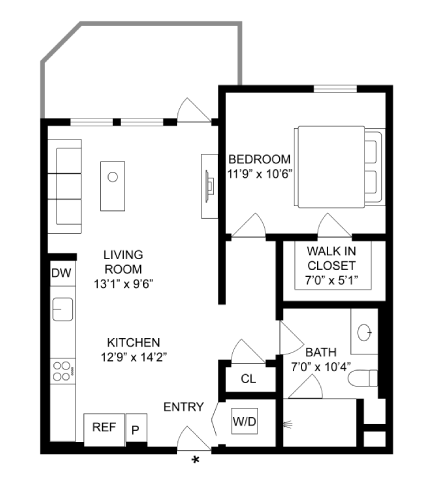 Floor plan for 1 bed, 1 bath, 617 sqft