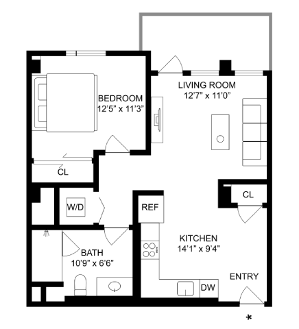 Floor plan for 1 bed, 1 bath, 622 sqft