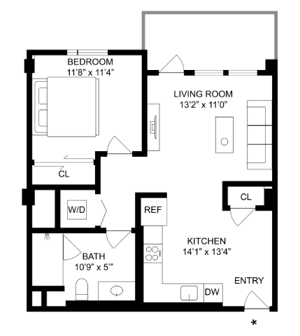 Floor plan for 1 bed, 1 bath, 620 sqft