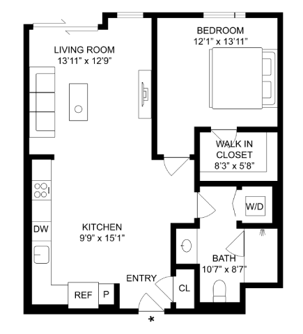 Floor plan for 1 bed, 1 bath, 712 sqft