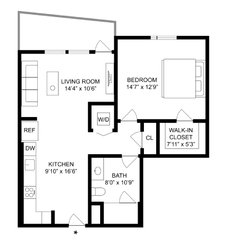 Floor plan for 1 bed, 1 bath, 704 sqft
