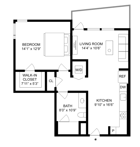 Floor plan for 1 bed, 1 bath, 704 sqft