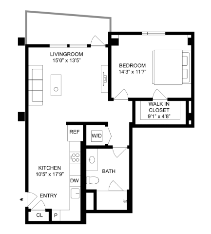 Floor plan for 1 bed, 1 bath, 746 sqft