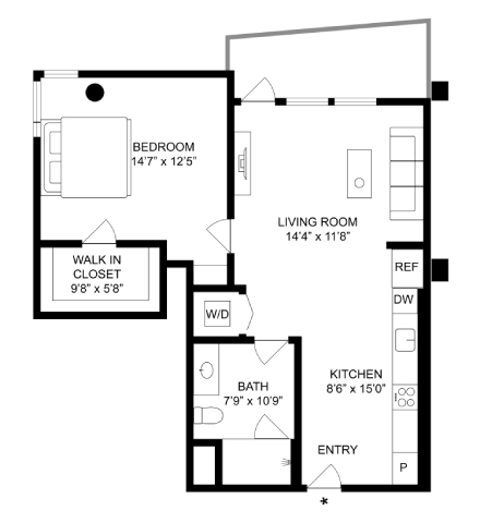 Floor plan for 1 bed, 1 bath, 718 sqft