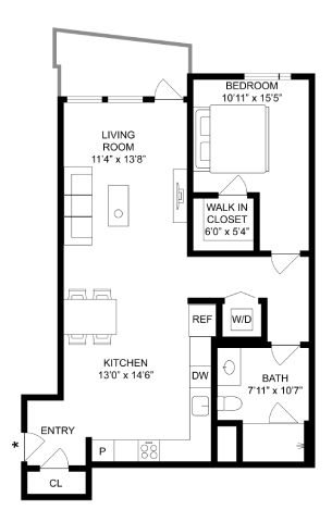 Floor plan for 1 bed, 1 bath, 768 sqft