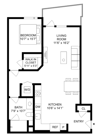 Floor plan for 1 bed, 1 bath, 756 sqft