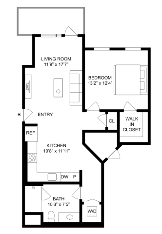 Floor plan for 1 bed, 1 bath, 755 sqft