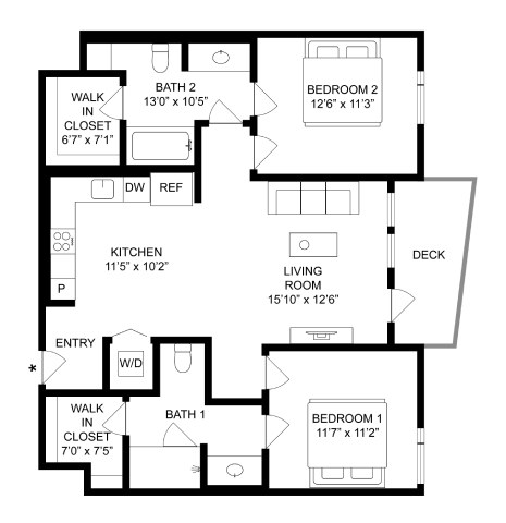 Floor plan for 2 beds, 2 baths, 970 sqft