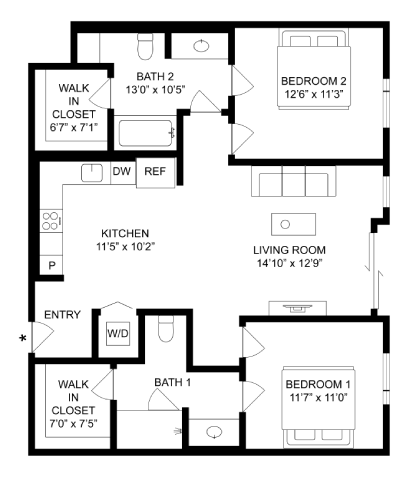 Floor plan for 2 beds, 2 baths, 994 sqft