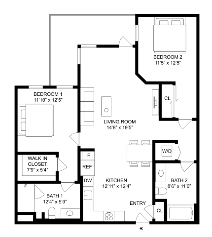 Floor plan for 2 beds, 2 baths, 1080 sqft