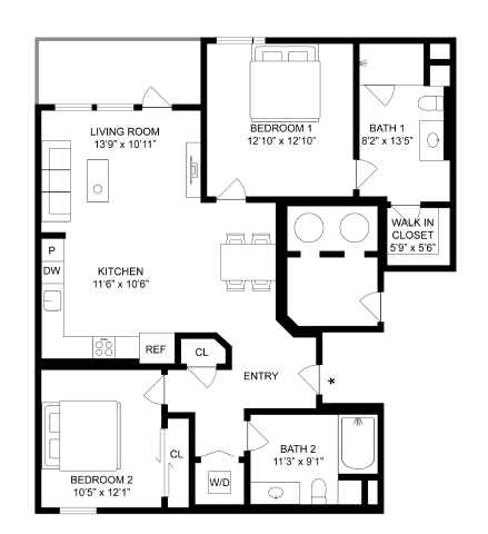 Floor plan for 2 beds, 2 baths, 1026 sqft