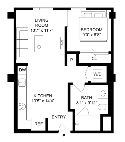 Floor plan for studio, 1 bath, 528 sqft