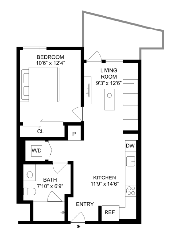 Floor plan for 1 bed, 1 bath, 552 sqft