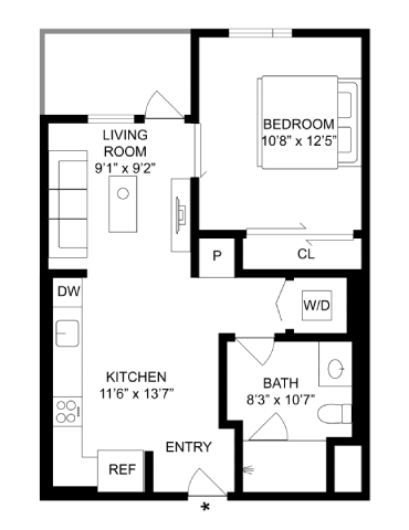 Floor plan for studio, 1 bath, 529 sqft