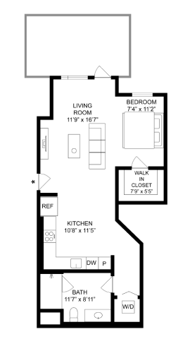 Floor plan for studio, 1 bath, 640 sqft