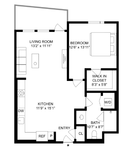 Floor plan for 1 bed, 1 bath, 694 sqft