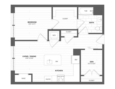 Floor plan for 1 bed, 1 bath, 744 sqft