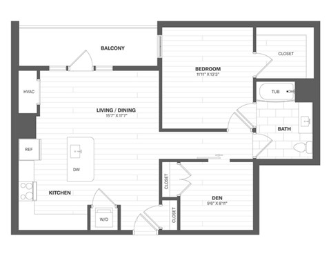 Floor plan for 1 bed, 1 bath, 905 sqft