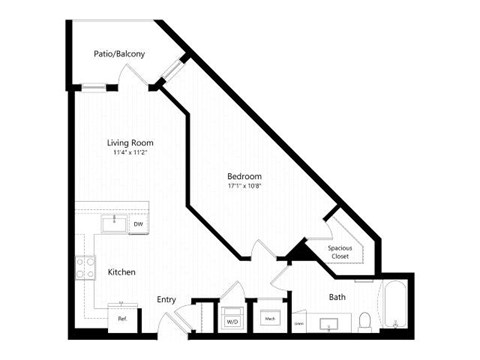 Floor plan for 1 bed, 1 bath, 721 sqft